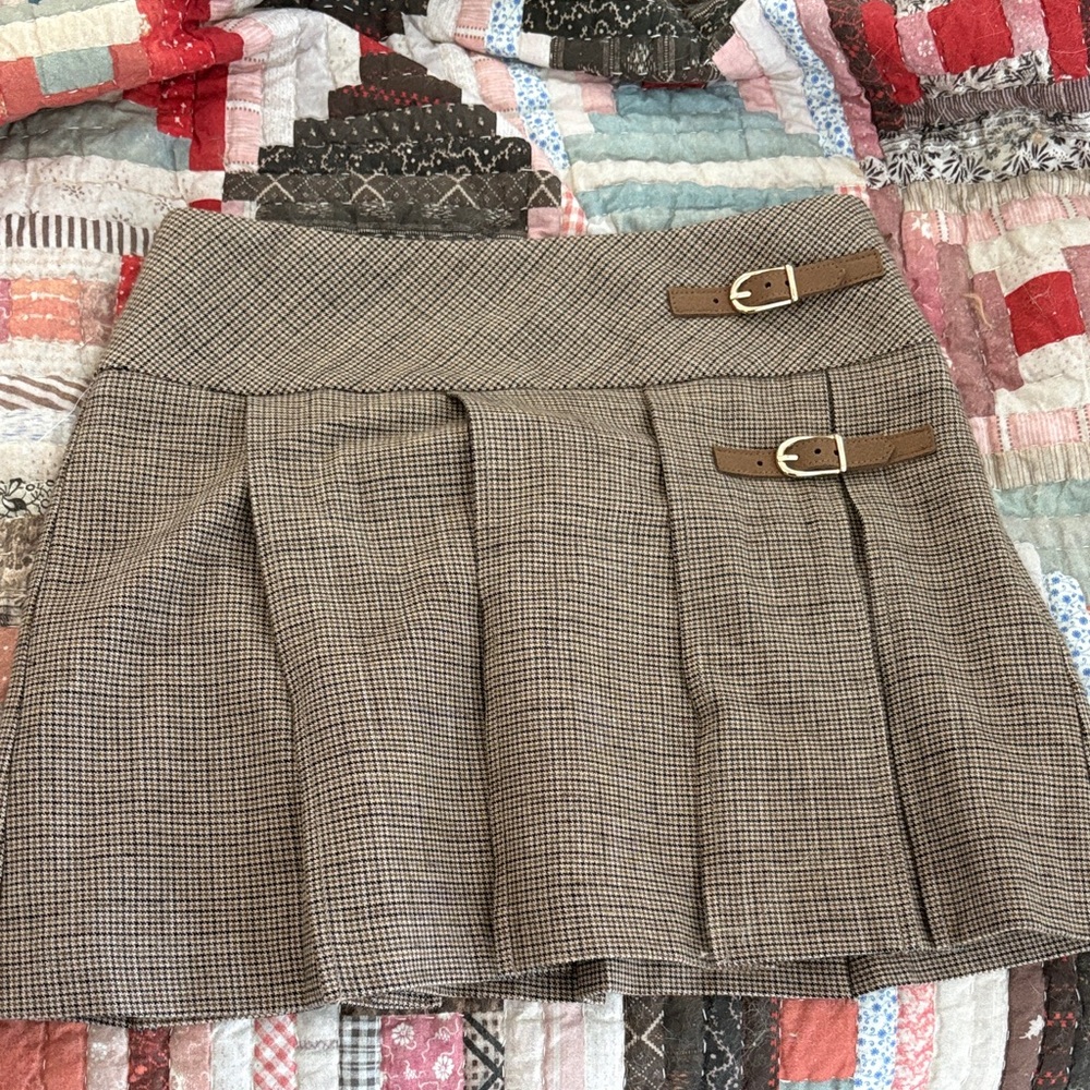 Christian Lacroix Brown Checkered Mini Skirt with Buckles